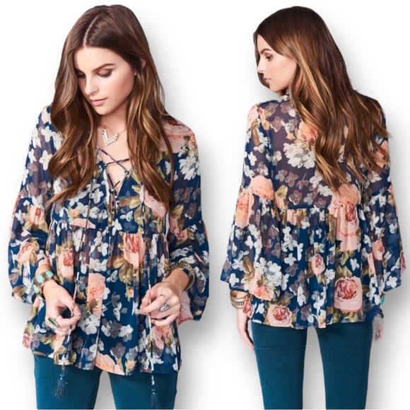 Show Me Your Mumu Poet Tie Top Hunter Green Floral Blouse Women's Size Med Boho - Picture 1 of 12